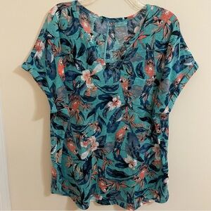 Dept 222 Teal Tropical Parrot Print Short Sleeve Top Women’s Size 2X